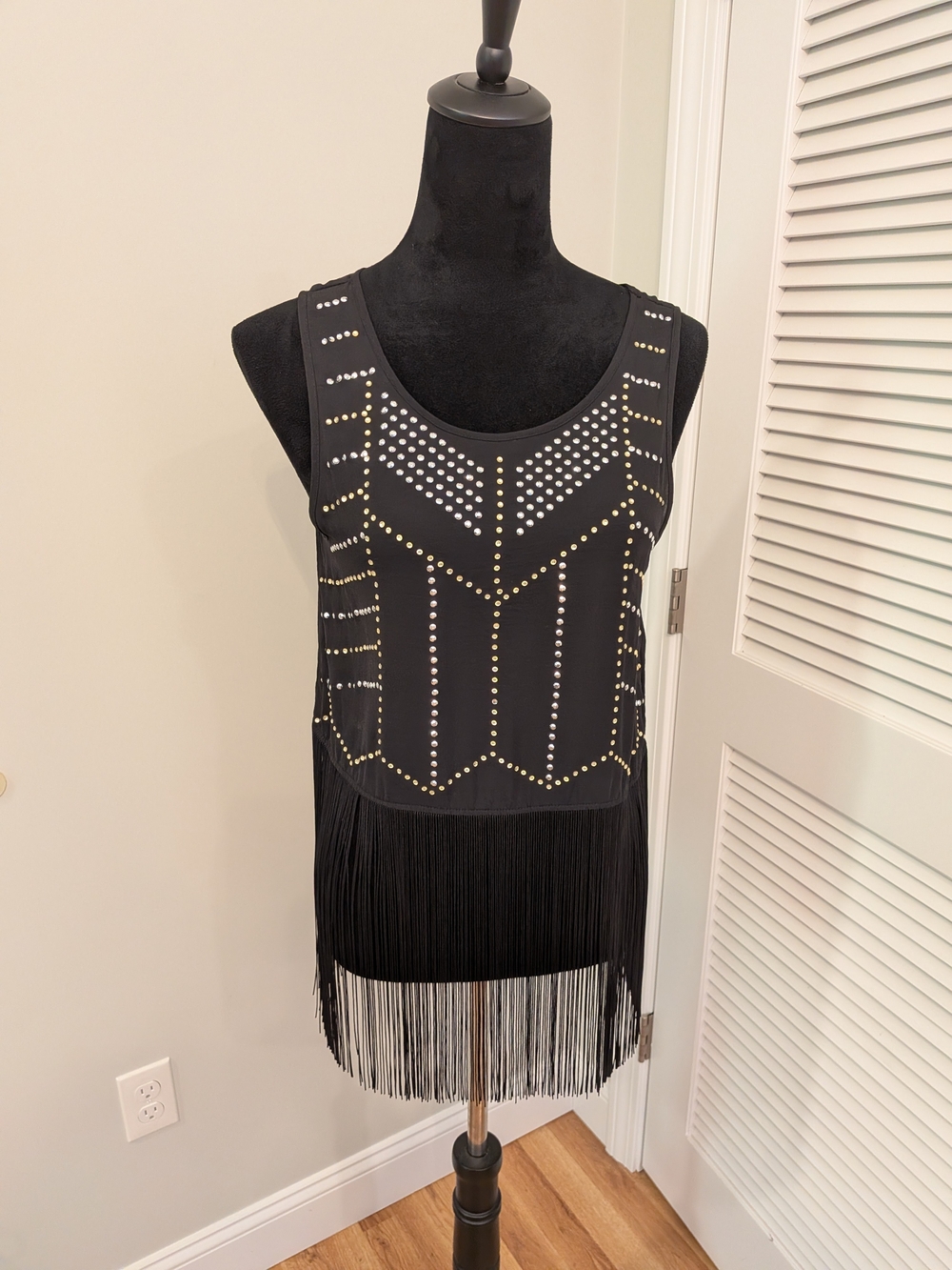 H&M Black Fringe Tank with Gold & Silver Stud Detailing Size 4